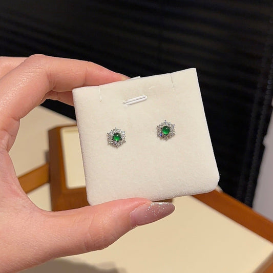 冰绿小6角蛋面翡翠耳钉 (Icy Green Harmony Cabochon Earring)