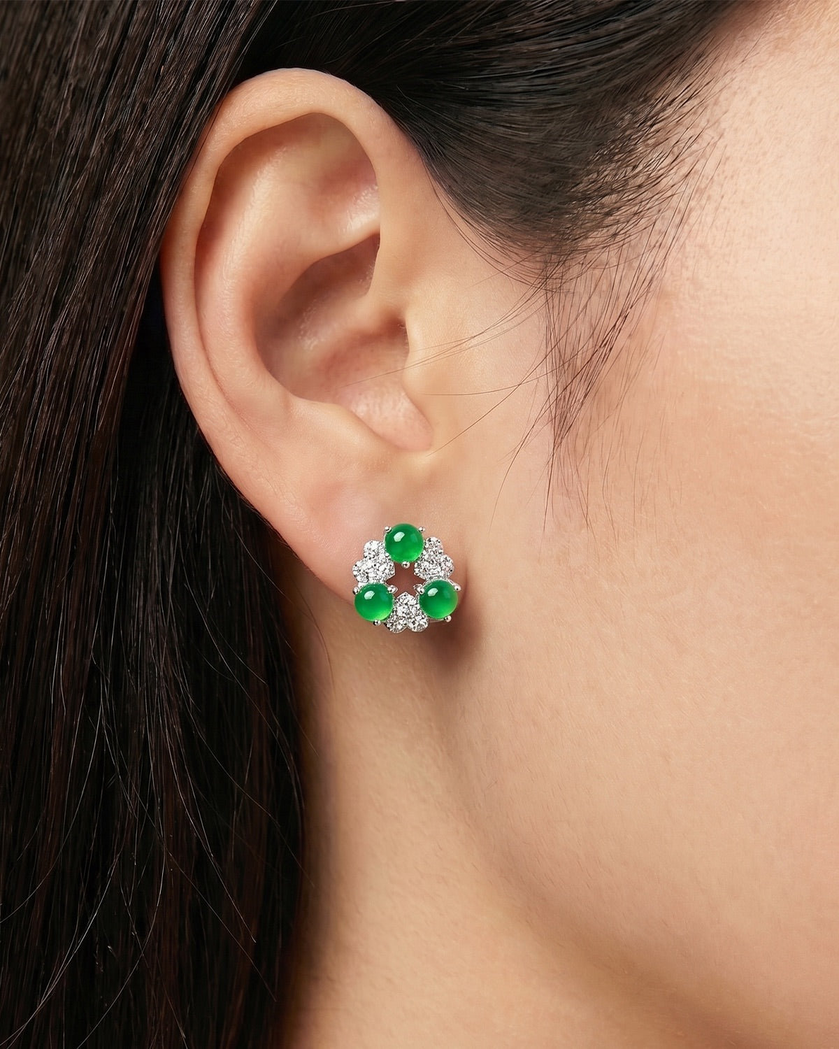 浓绿花冠翡翠耳钉|Rich Green Garland Jade Studs