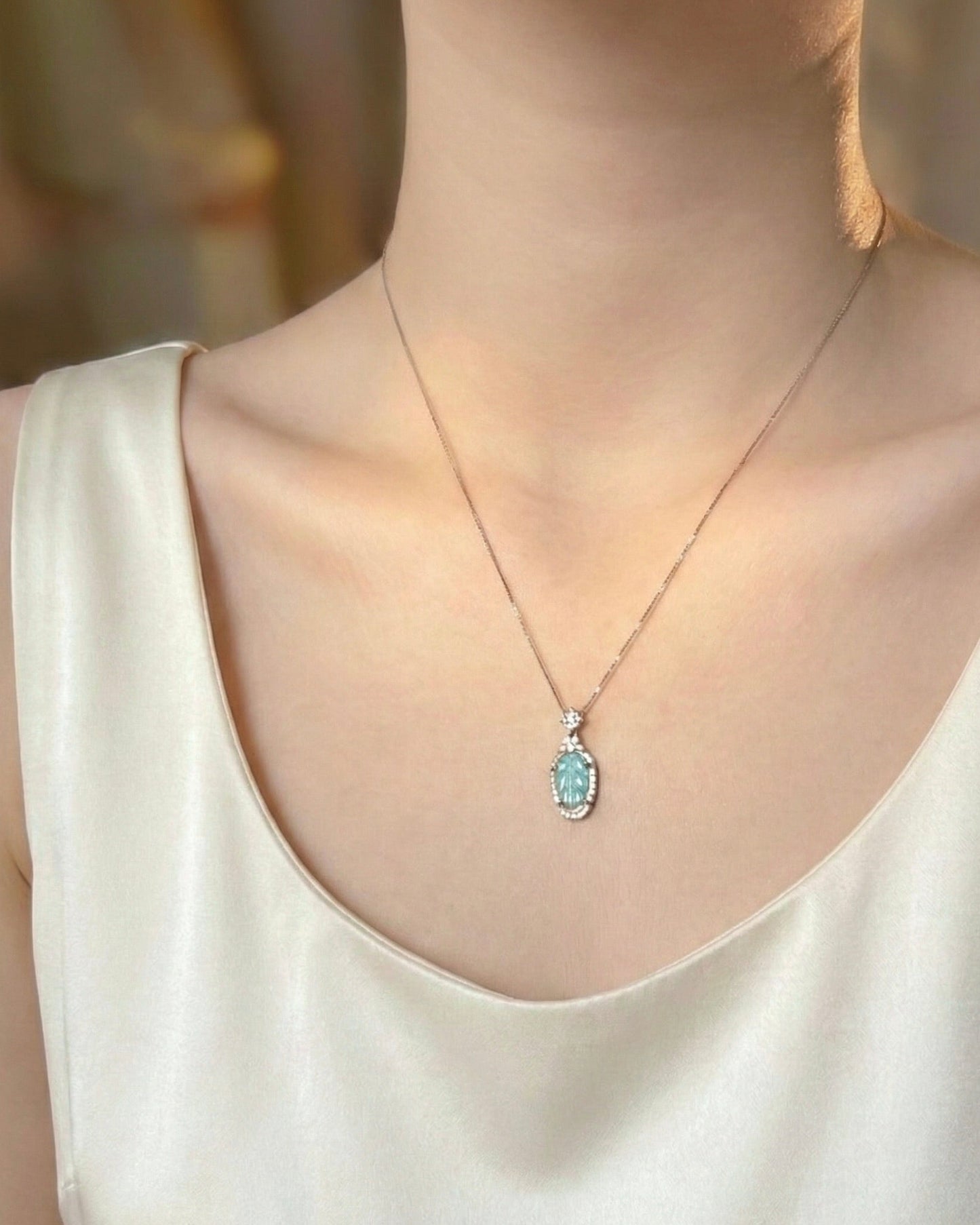冰蓝玉叶翡翠|Icy Blue Leaf Jade Necklace