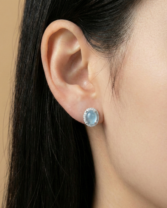 冰蓝蛋面翡翠耳钉|Ice Blue Jade Cabochon Earring