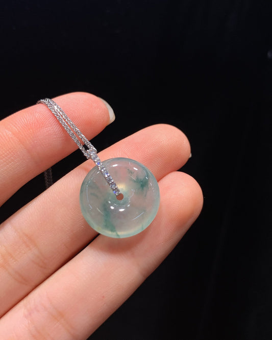 冰飘花平安扣翡翠吊坠｜Icy Floating Green Peace Coin Burmese Jade