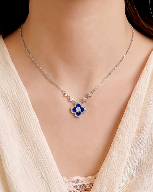 Blue Mother of Pearl-Clover Necklace (Silver)