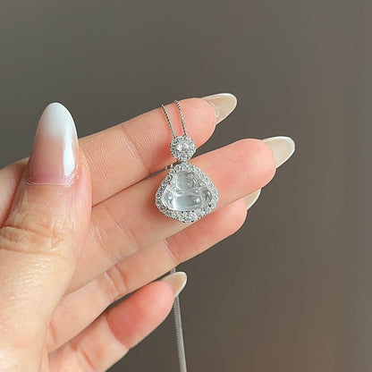 白冰水沫玉佛公项链 (White Ice Water Jade Laughing Buddha Necklace)