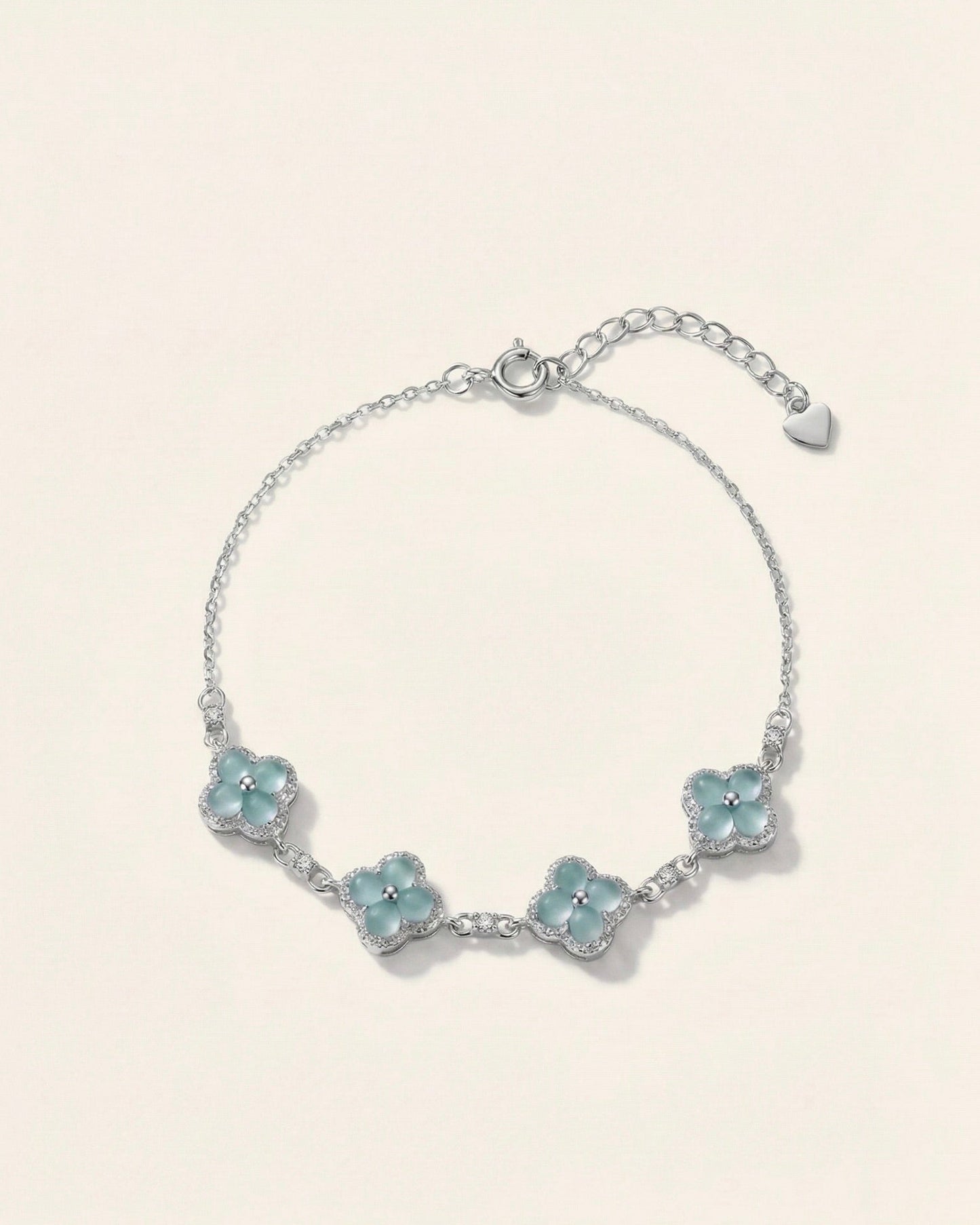 银蓝四叶草翡翠手链 (Silver Blue Clover of Luck Bracelet)