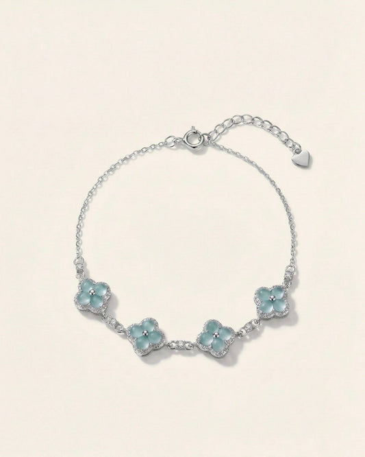 银蓝四叶草翡翠手链 (Silver Blue Clover of Luck Bracelet)