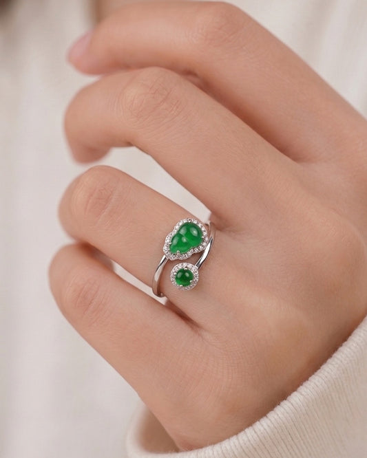 阳绿福圆相伴翡翠戒指｜Fortune Duo Jade Ring