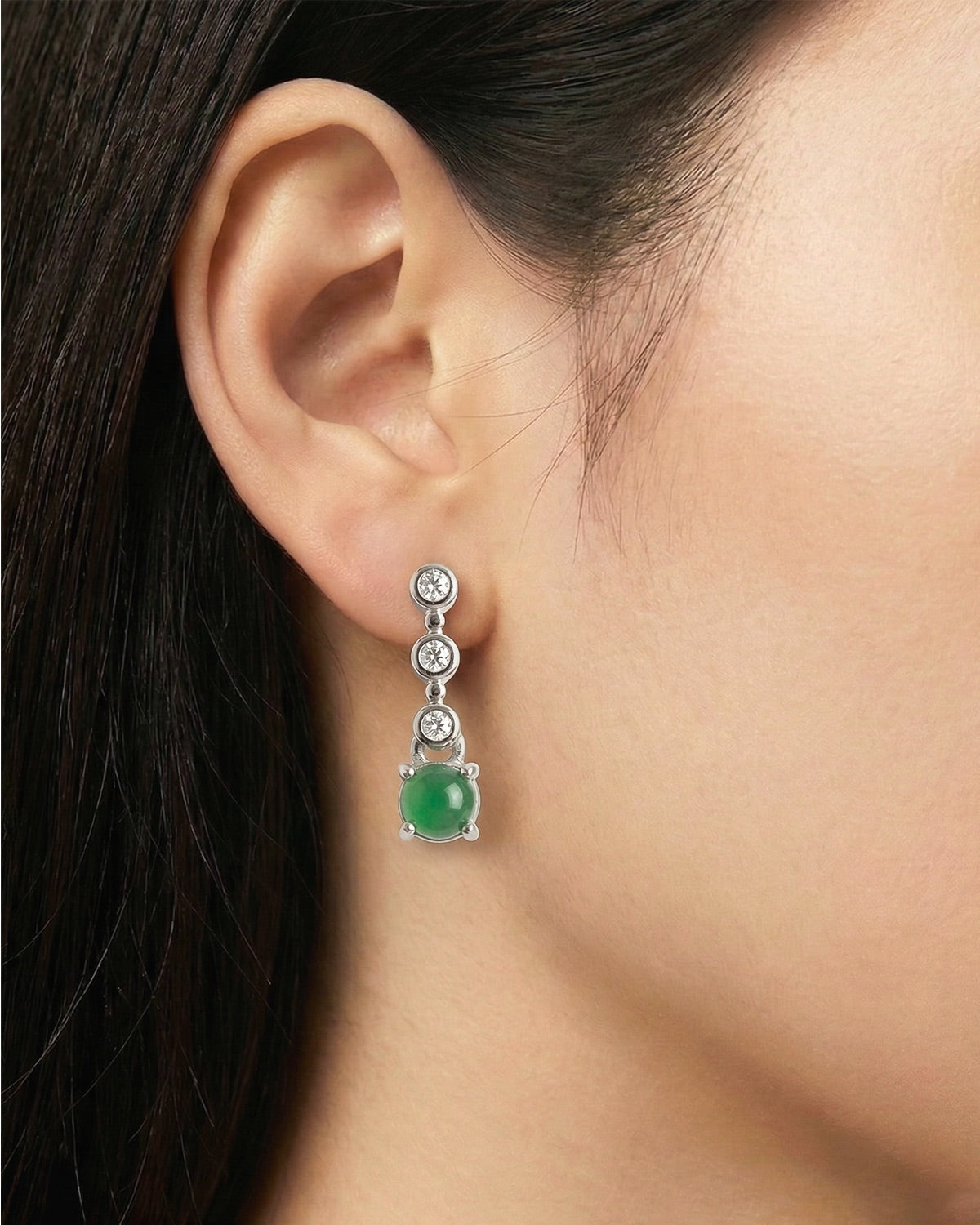 阳绿蛋面翡翠垂坠耳钉 | Sunny Green Jade Drop Stud Earrings