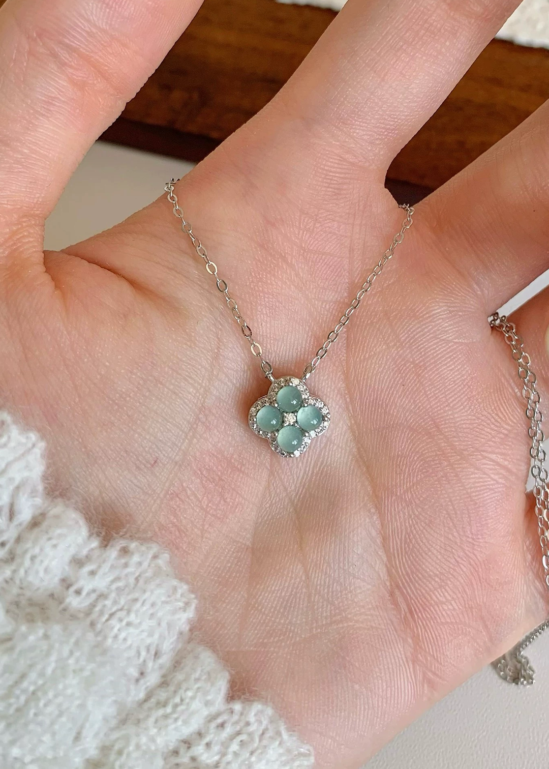 银蓝四叶草翡翠｜Silver Blue Clover Jade Necklace