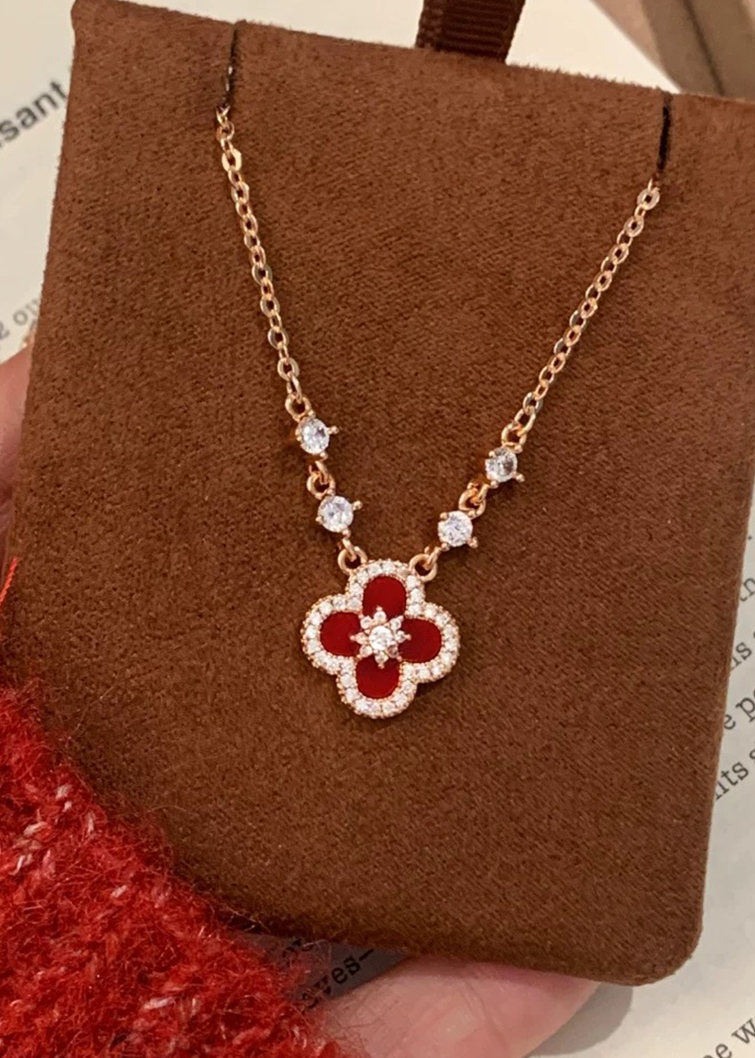 Crimson Agate-Clover Necklace