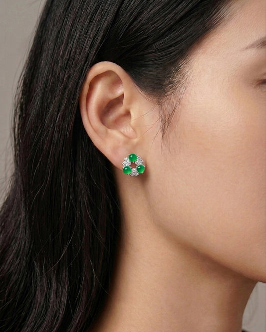 浓绿花冠翡翠耳钉｜Rich Green Garland Jade Studs