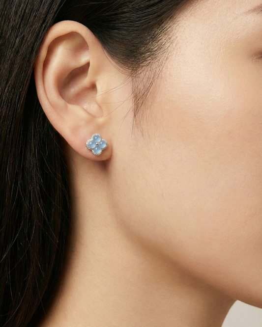银蓝四叶草翡翠耳钉｜Silver Mist Clover Jade Earring