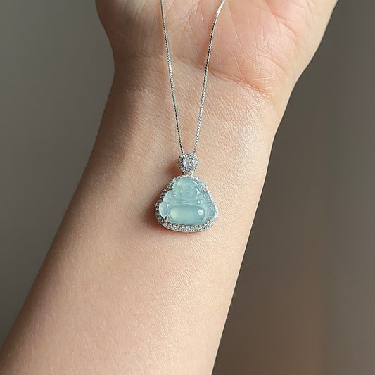 冰蓝佛公翡翠项链 (Ice Blue Jade Laughing God Necklace)