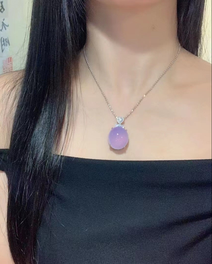 天然粉紫玉髓蛋面吊坠
