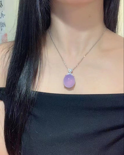 天然粉紫玉髓蛋面吊坠