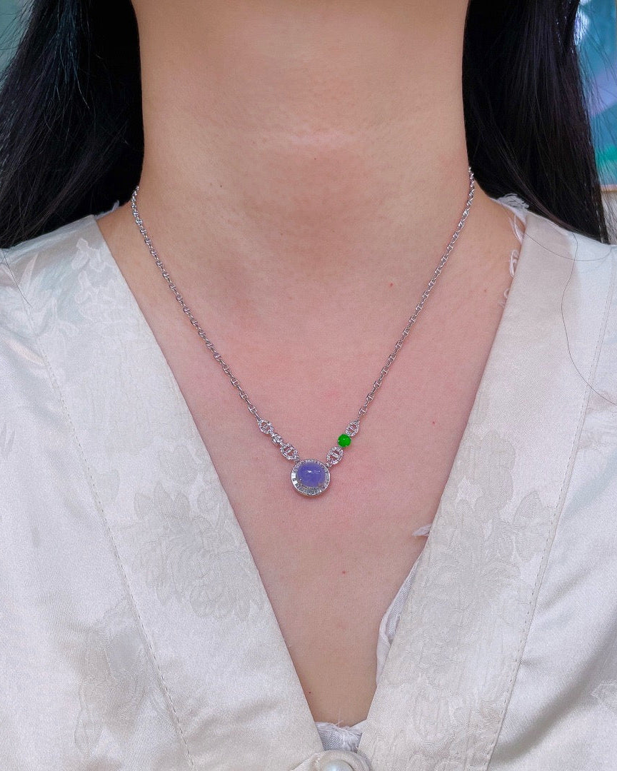 高冰紫罗兰翡翠蛋面锁骨链｜High Icy Lavender Cabochon Burmese Jade