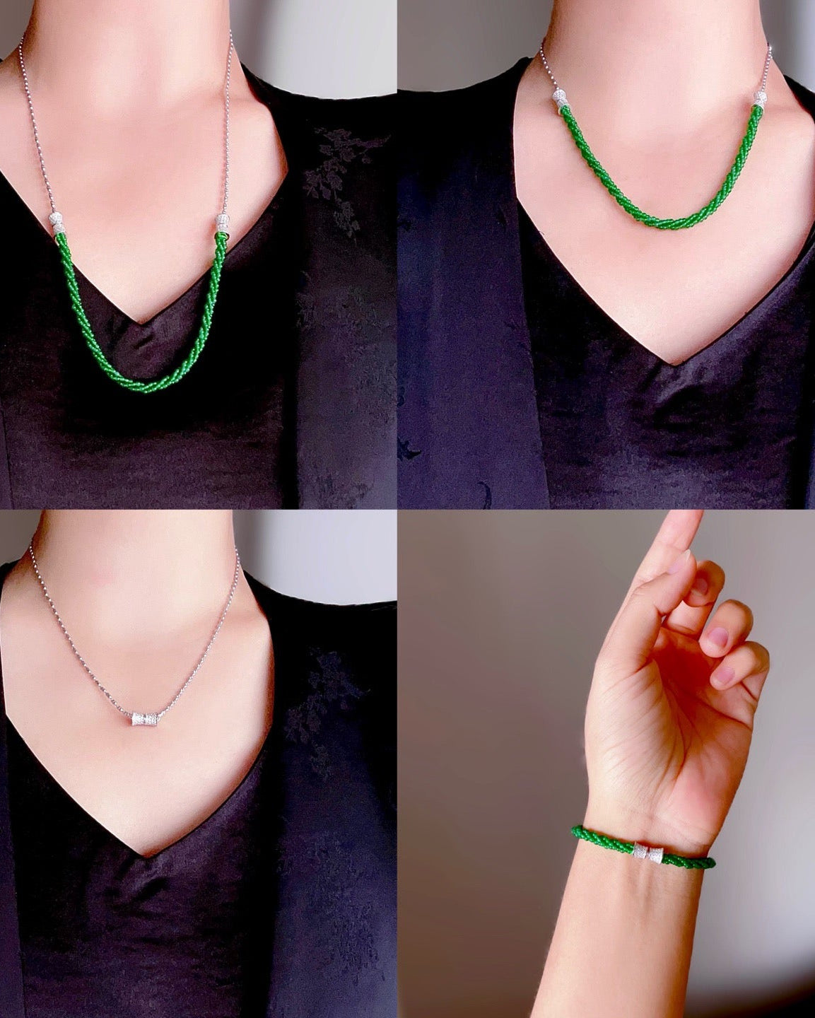 晴水翡翠小米珠项链+手链 (Jade Bead Necklace + Bracelet)