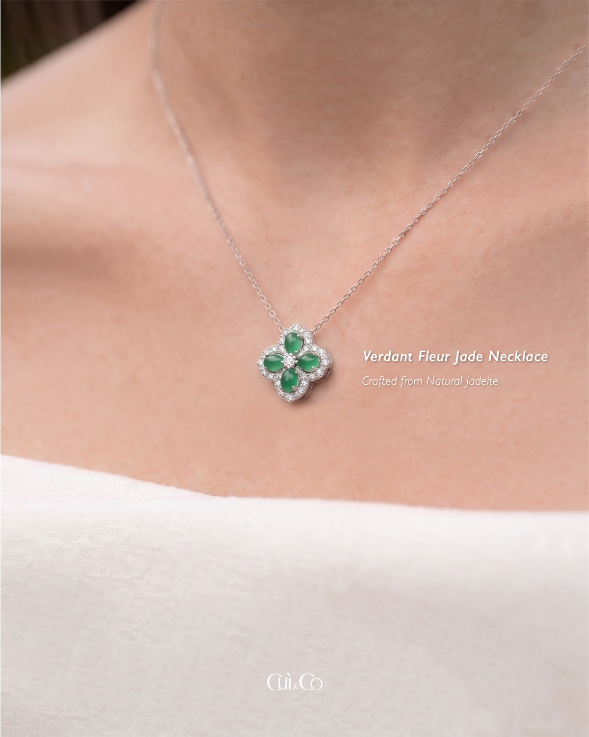 冰润辣绿四叶草翡翠项链｜Icy Vivid Green Clover Jade Necklace