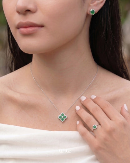 冰润辣绿四叶草翡翠项链｜Icy Vivid Green Clover Jade Necklace