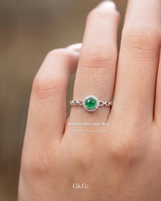 冰润浓绿星环翡翠戒指｜Icy Rich Green Halo Jade Ring