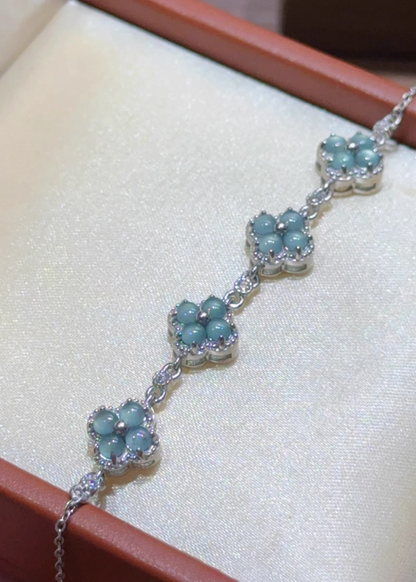 银蓝四叶草翡翠手链 (Silver Blue Clover of Luck Bracelet)