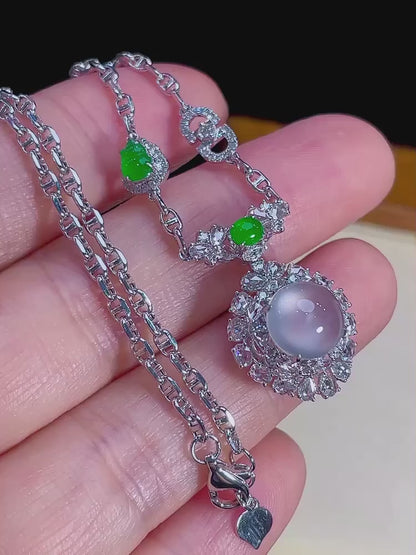 高冰茅台白翡翠蛋面锁骨链｜High Icy White Cabochon Burmese Jade